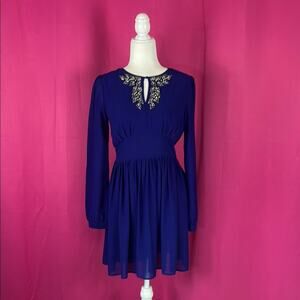 Ya Los Angeles royal blue chiffon, bead, and rhinestone fit and flare dress, m